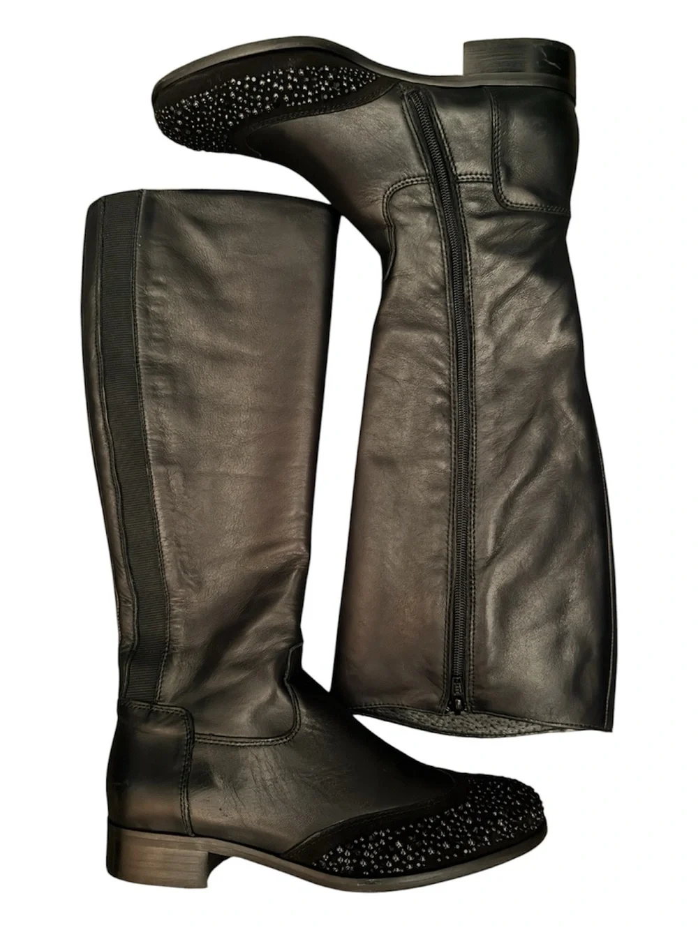Black Women's Knee-High Leather Boots with Studded Toe
